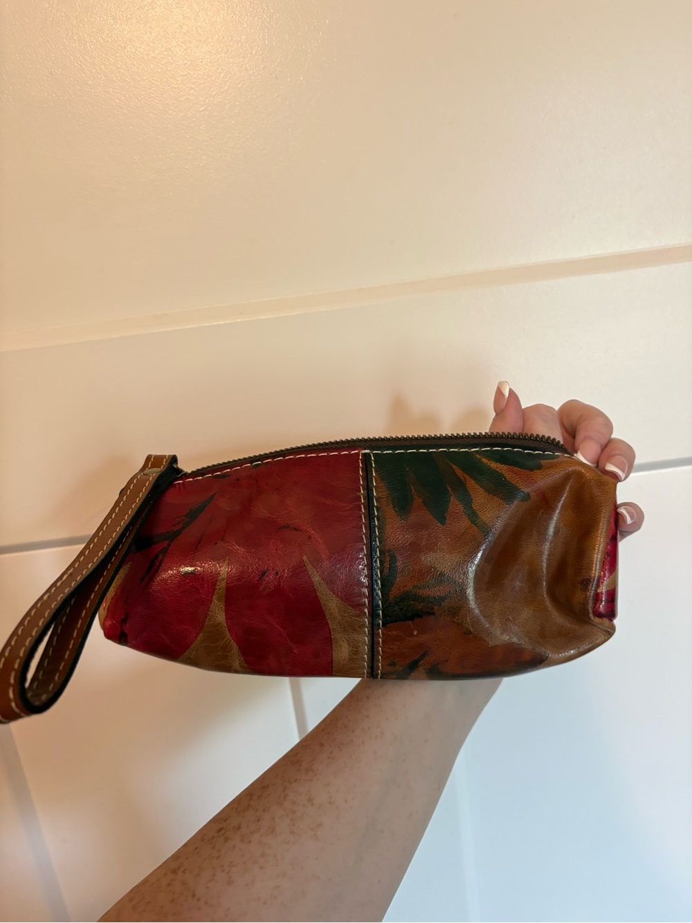 Patricia Nash Brown Floral Leather Wristlet Pouch with Red and Black Accents - Picture 3 of 5